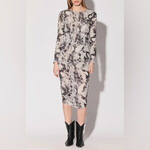 NWT Walter Baker Josey Marble Black White Long Sleeve Midi Sheath Dress XS